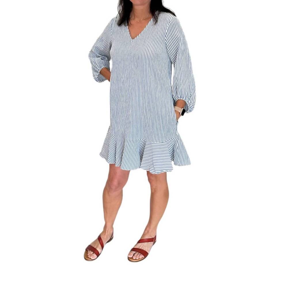 NEW MAGGY LONDON v-neck stripe flounce dress in blue